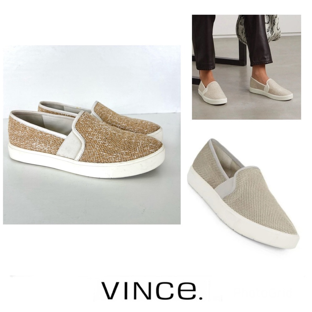 VINCE Blair 5 Beige Goring Canvas White Trim Slip On Flat Sneakers Sz 38 / 8